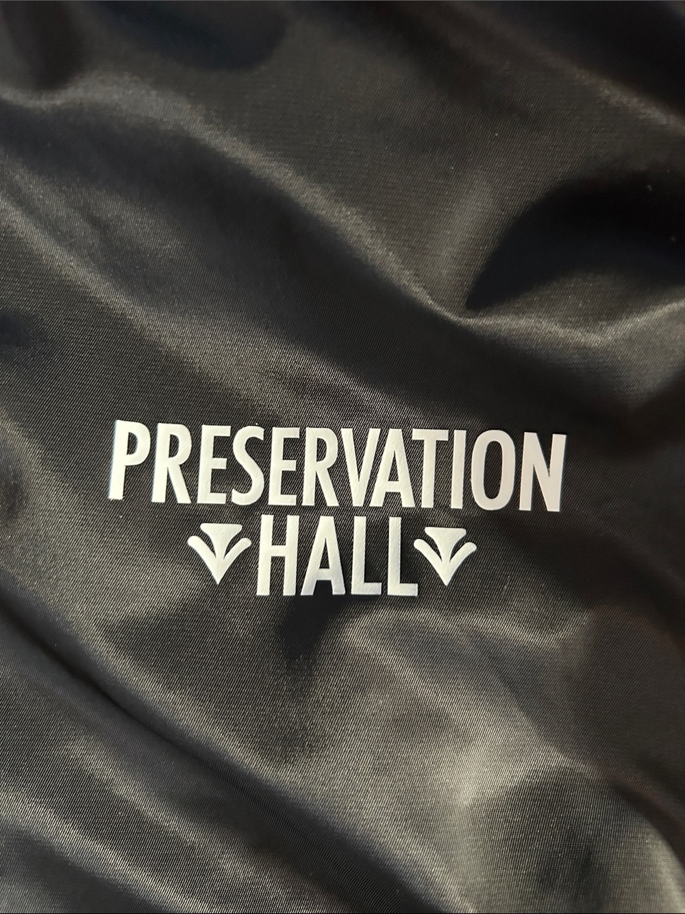 Preservation Hall New Orleans Black Satin Bomber Jacket w Striped Trim